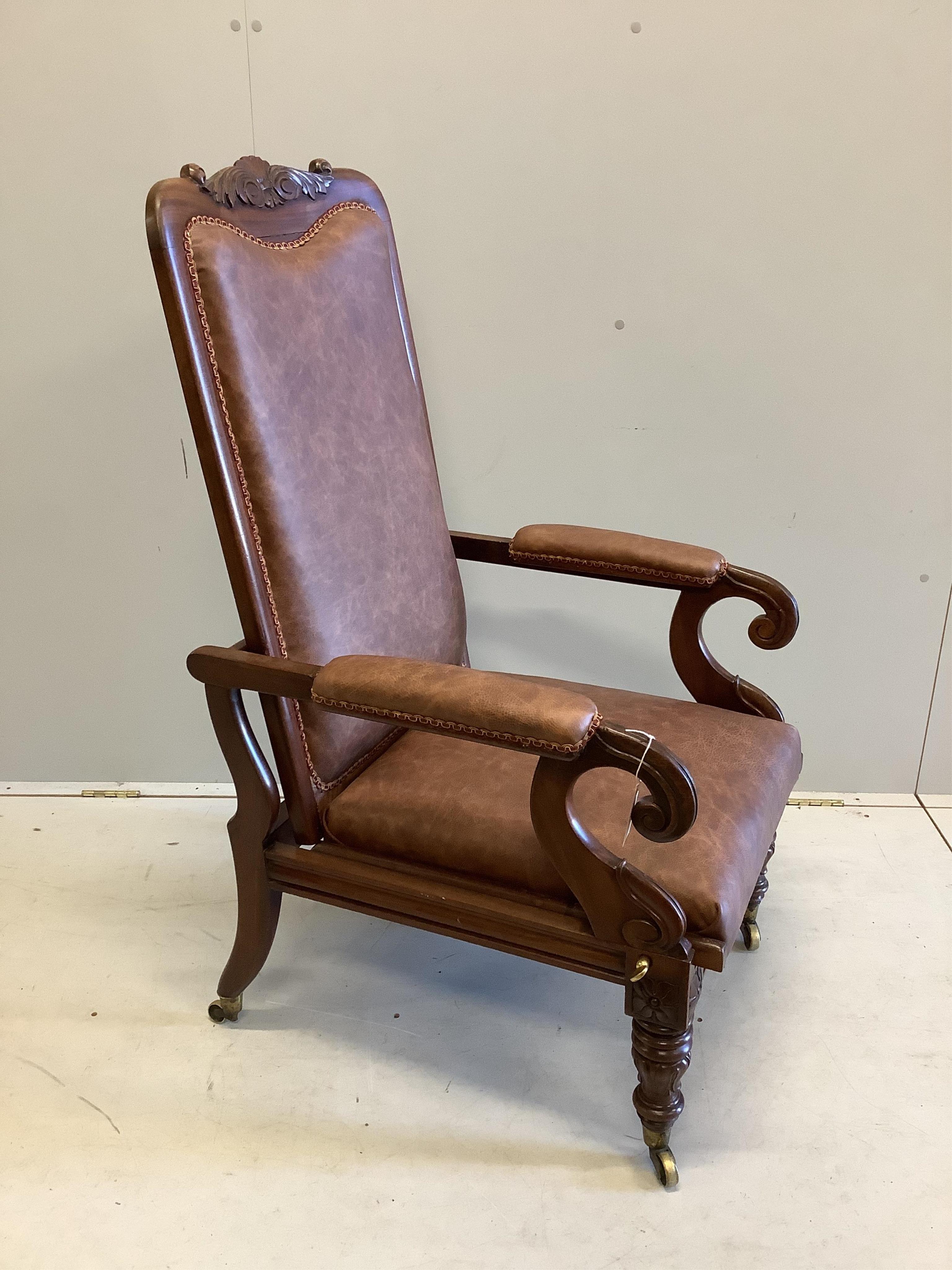 A William IV mahogany reclining open armchair, width 63cm, depth 66cm, height 114cm. Condition - fair to good.